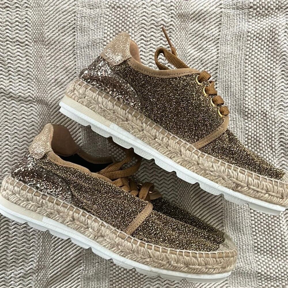 Kanna Women’s Lace up Espadrille Sneakers Brown Gold Glitter Size EU36